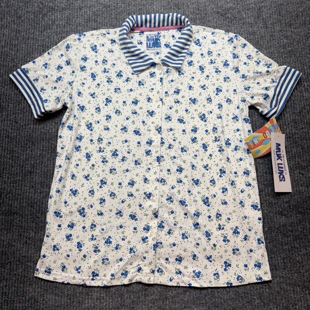 Muk Luks Cloud Knit Loungewear Top Womens Tall XS Blue Floral Short Sleeve Polo‎
